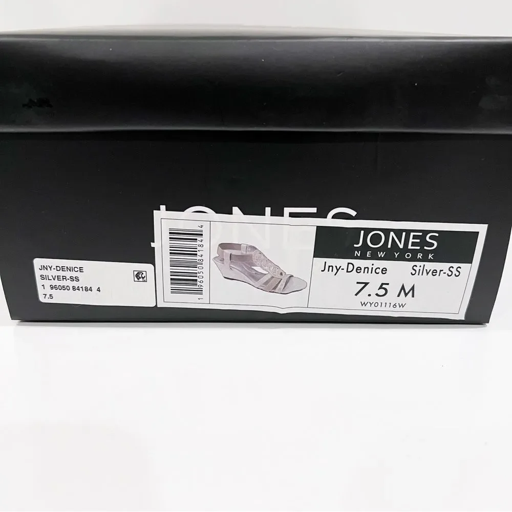 Jones New York Denice Strappy Bling Wedge Sandals Elastic Ankle Silver 7.5 NEW